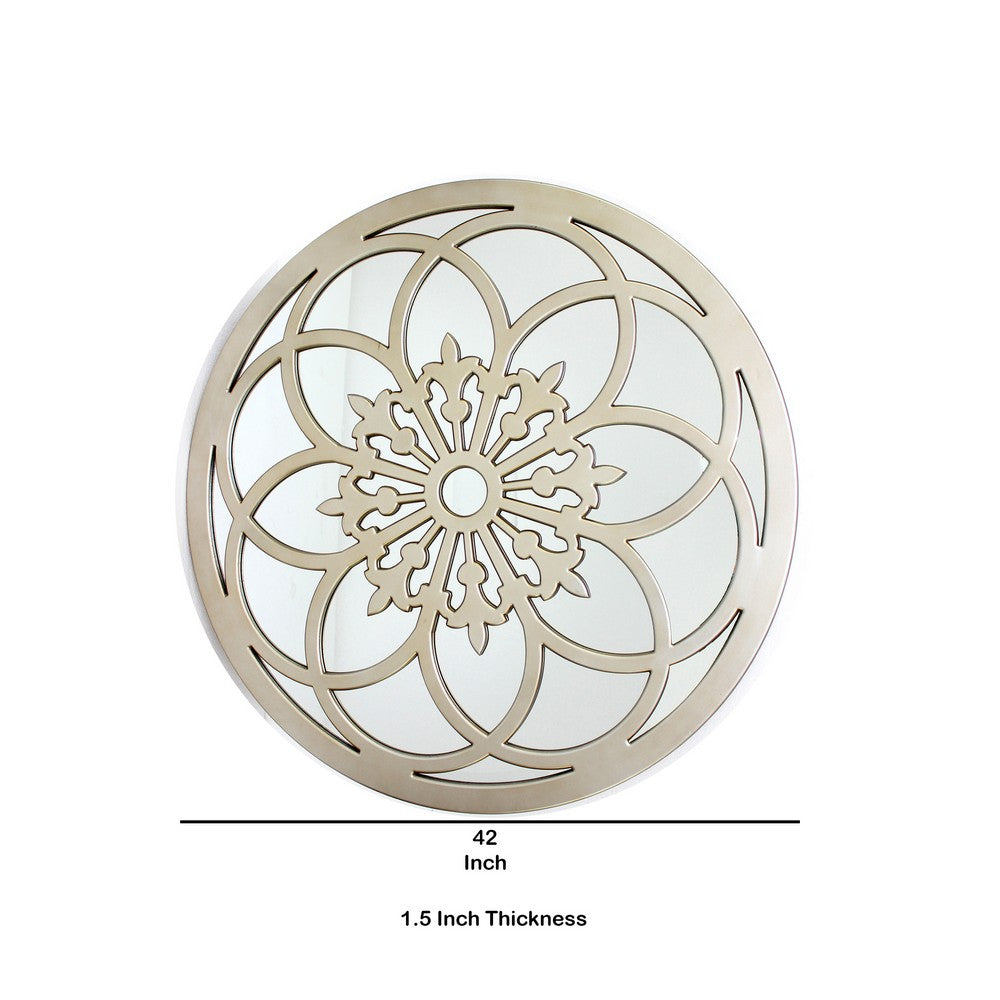 Round Wooden Mirrored Wall Decor with Floral Pattern Accent, Gold - BM209121