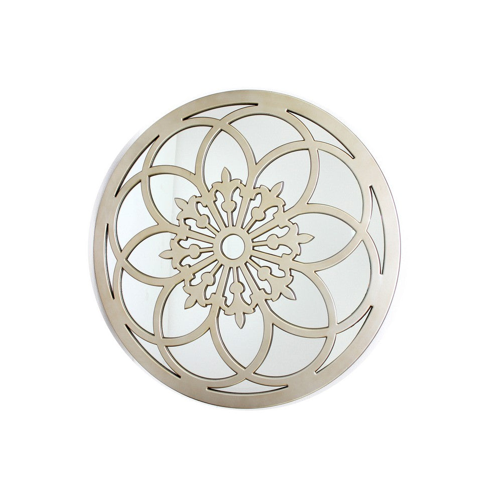 Round Wooden Mirrored Wall Decor with Floral Pattern Accent, Gold - BM209121