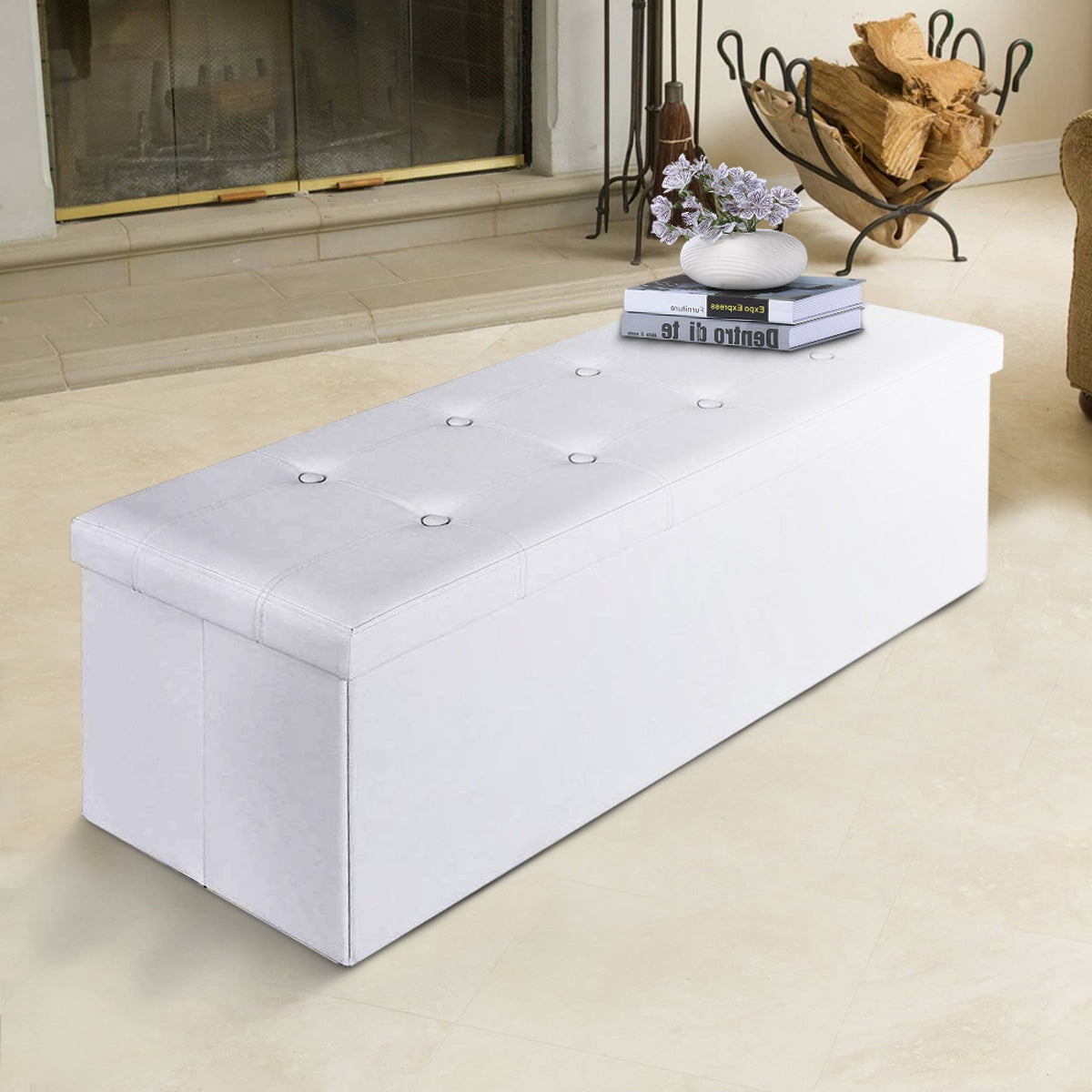 Rectangular Button Tufted Leatherette Storage Ottoman Bench, White - BM209153