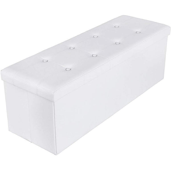 Rectangular Button Tufted Leatherette Storage Ottoman Bench, White - BM209153