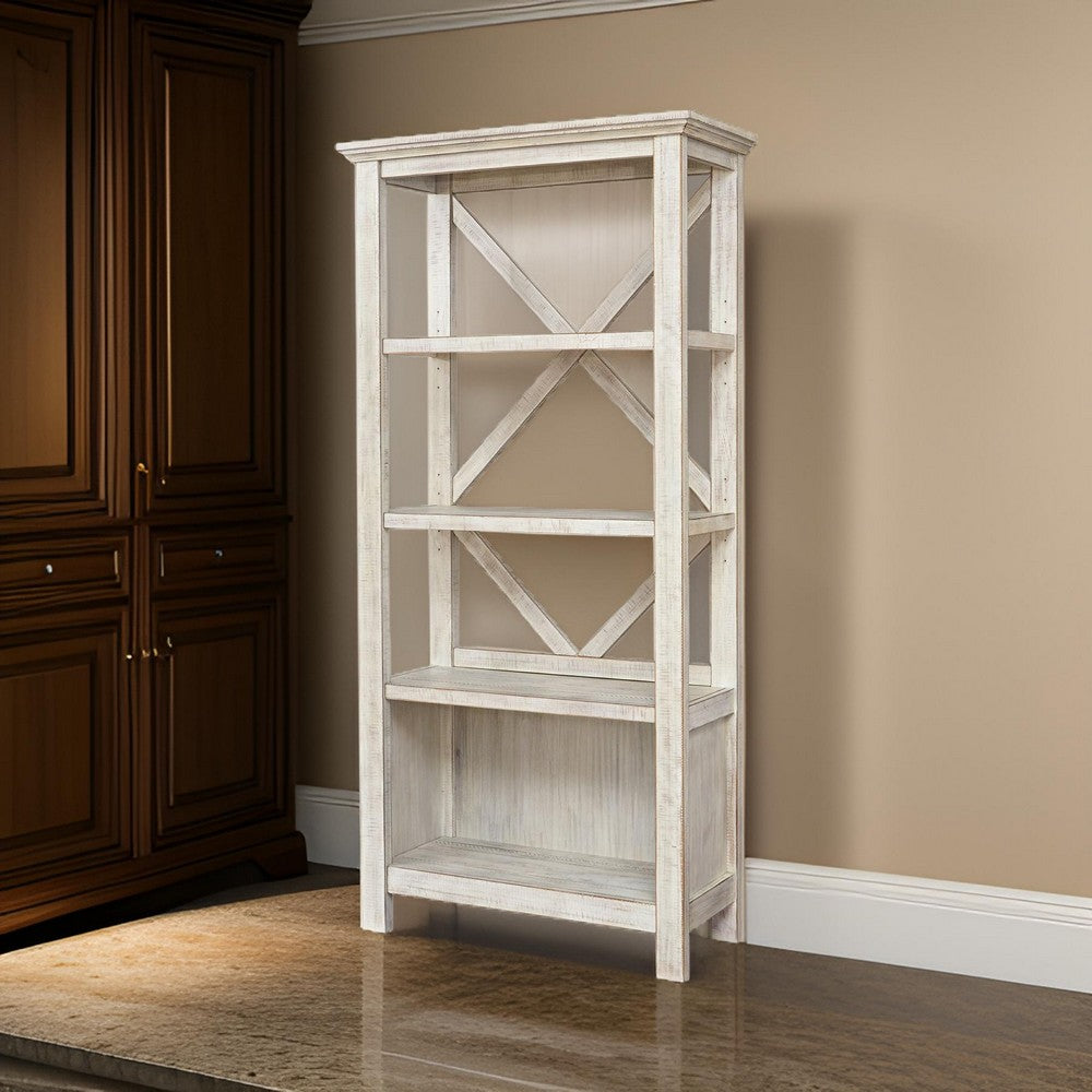 benzara X Shape Back Bookcase with 3 Open Shelves and 1 Open Compartment in White - BM209264
