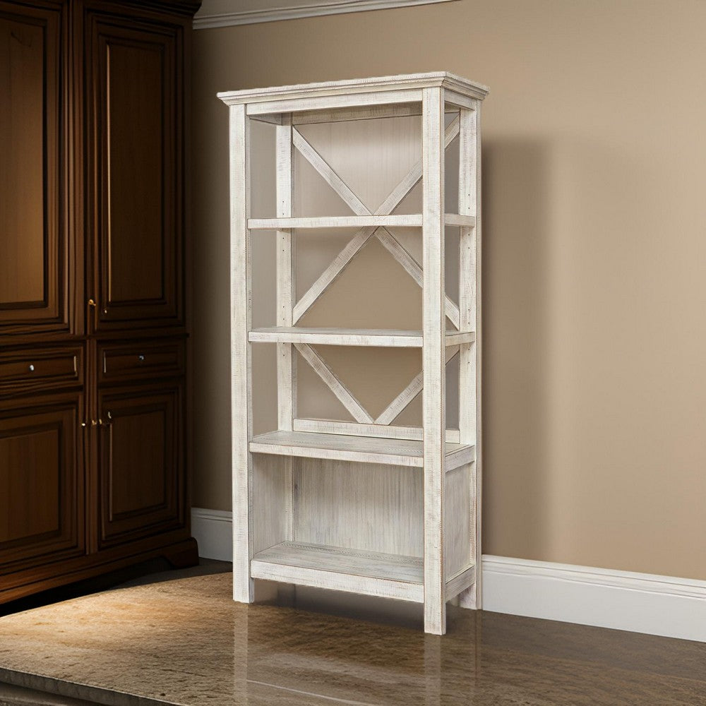 X Shape Back Bookcase with 3 Open Shelves and 1 Open Compartment in White - BM209264