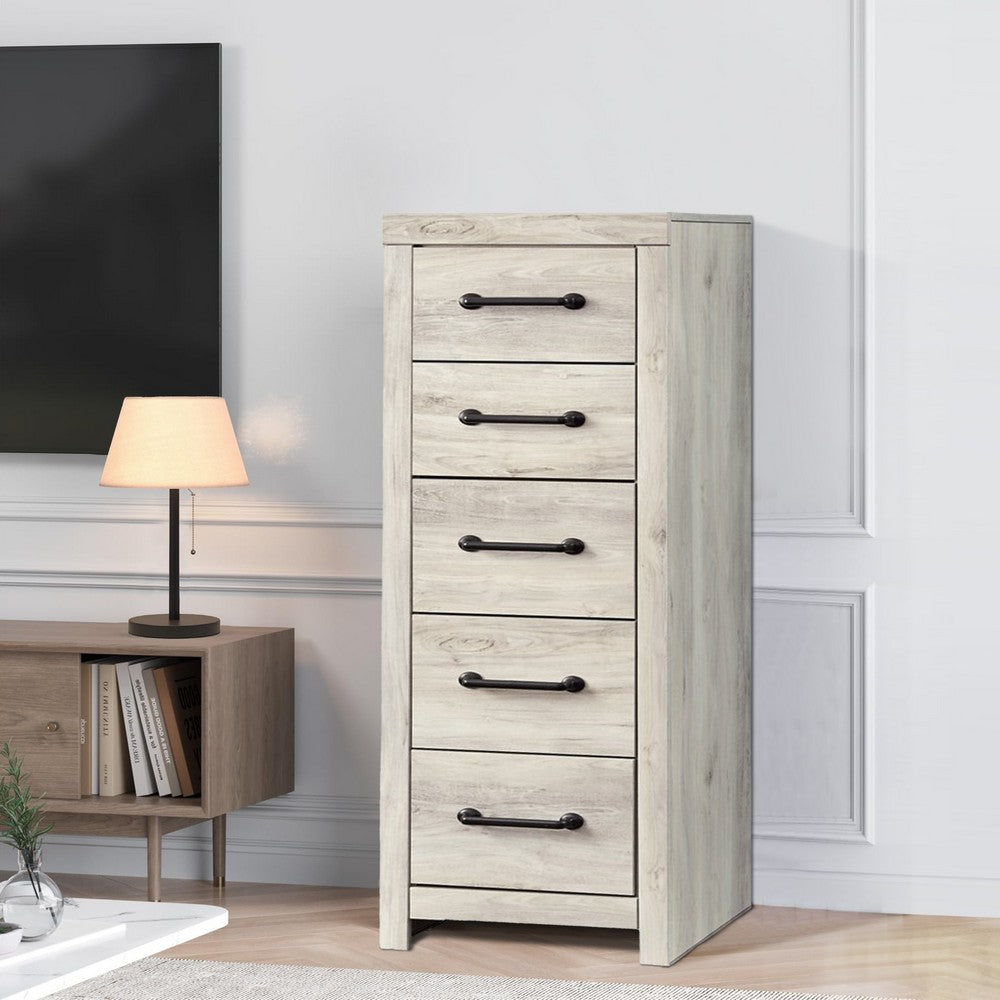 Grained 5 Drawer Wooden Chest with Bar Pull Handles in Distressed White - BM209316