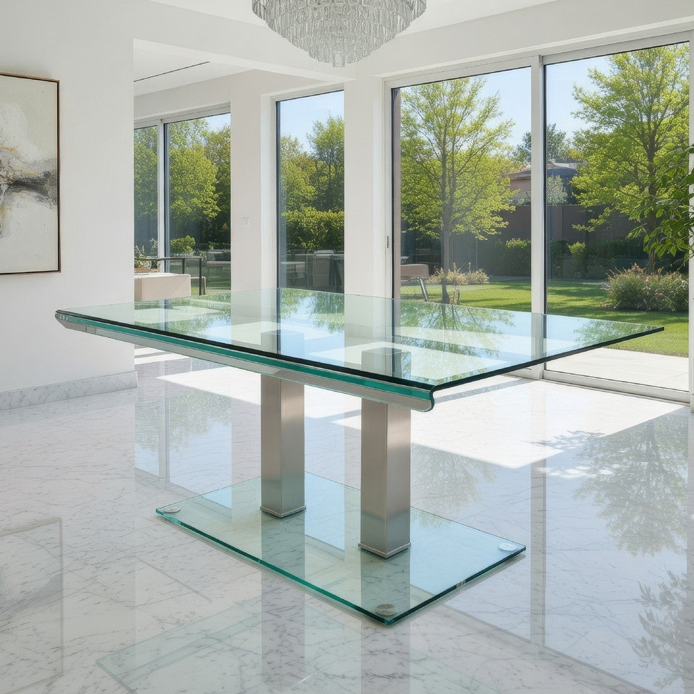 Metal and Glass Dining table with Dual Post Pedestal base, Chrome - BM209530