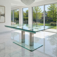Metal and Glass Dining table with Dual Post Pedestal base, Chrome - BM209530