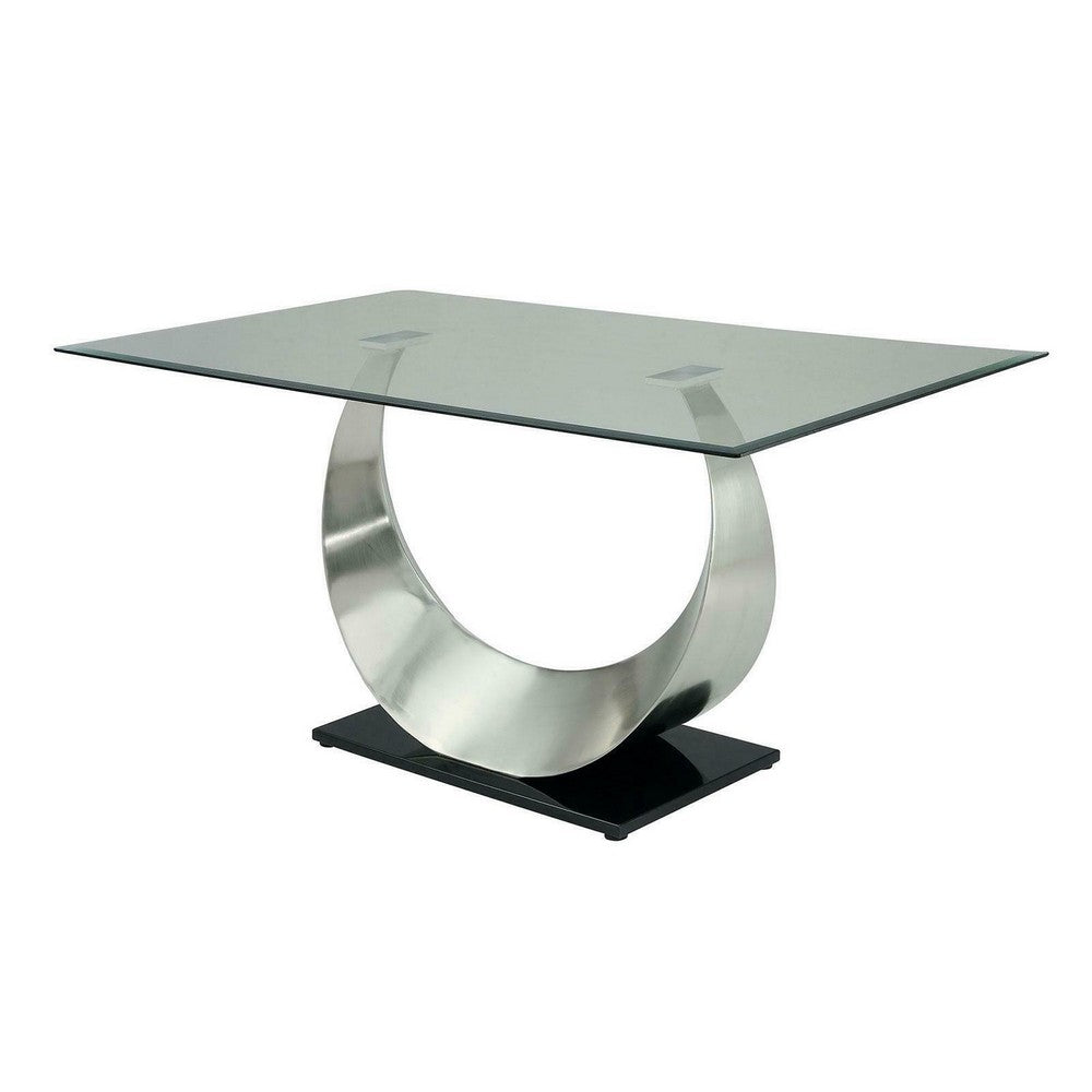 Metal and Glass Dining Table with Unique U Shape Pedestal Base, Chrome and Black - BM209533