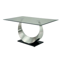 Metal and Glass Dining Table with Unique U Shape Pedestal Base, Chrome and Black - BM209533