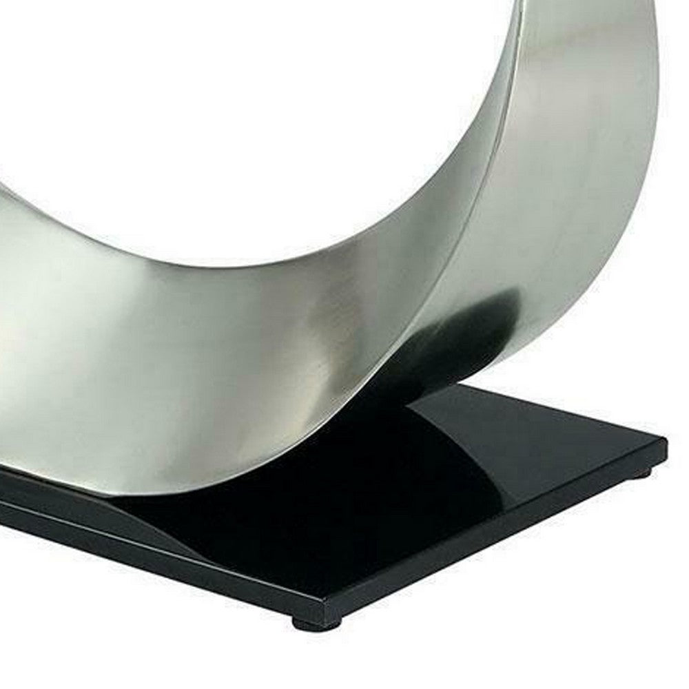 Metal and Glass Dining Table with Unique U Shape Pedestal Base, Chrome and Black - BM209533