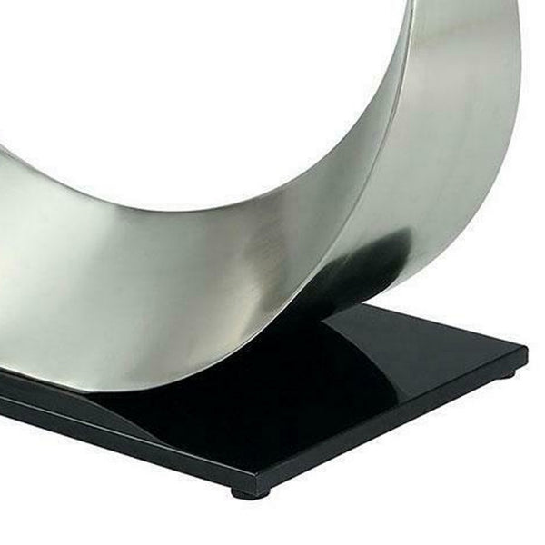 Metal and Glass Dining Table with Unique U Shape Pedestal Base, Chrome and Black - BM209533