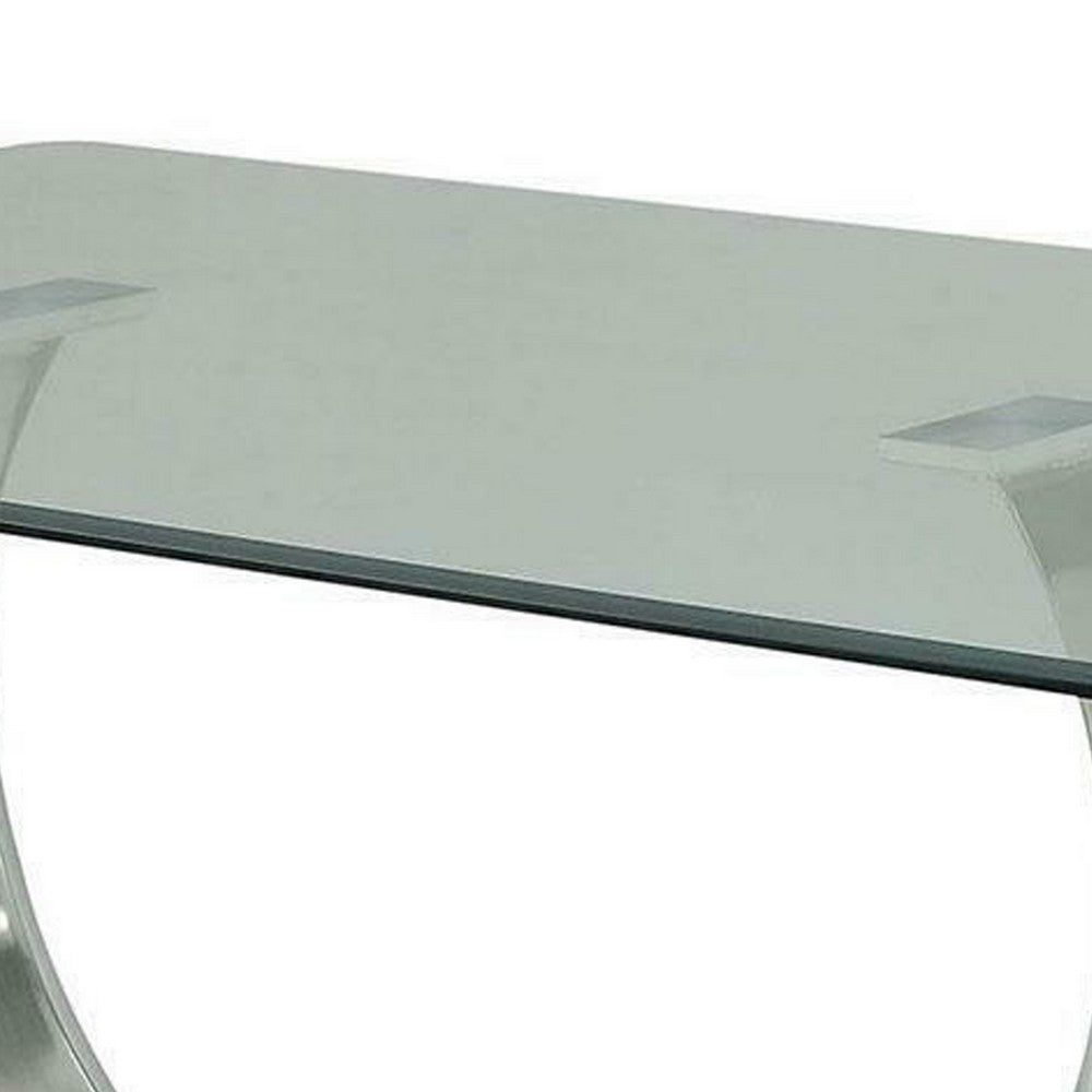 Metal and Glass Dining Table with Unique U Shape Pedestal Base, Chrome and Black - BM209533
