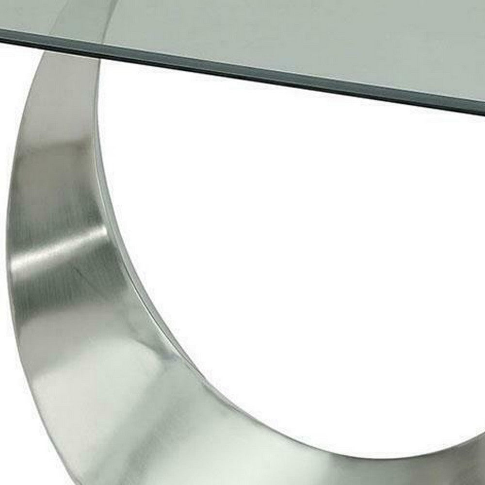 Metal and Glass Dining Table with Unique U Shape Pedestal Base, Chrome and Black - BM209533