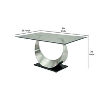 Metal and Glass Dining Table with Unique U Shape Pedestal Base, Chrome and Black - BM209533