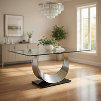 Metal and Glass Dining Table with Unique U Shape Pedestal Base, Chrome and Black - BM209533