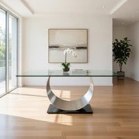Metal and Glass Dining Table with Unique U Shape Pedestal Base, Chrome and Black - BM209533