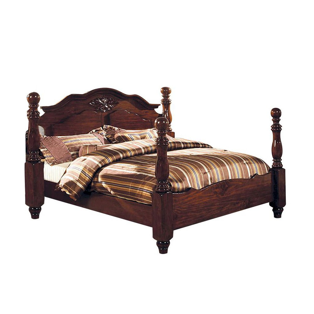 Wooden Queen Size Bed with Blunt Arrow Feet and Finials, Brown - BM209555