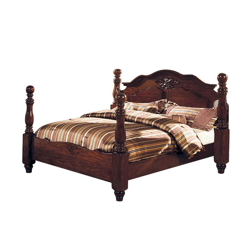 Wooden Queen Size Bed with Blunt Arrow Feet and Finials, Brown - BM209555