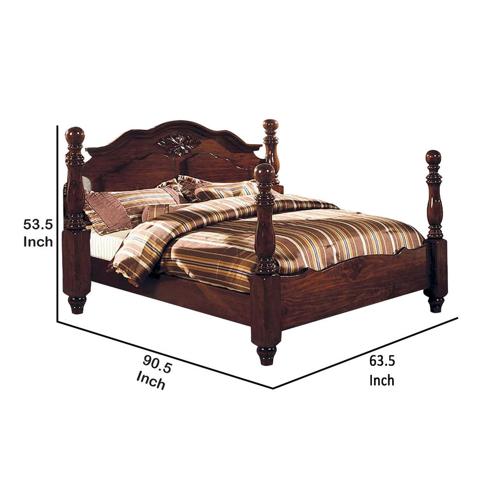 Wooden Queen Size Bed with Blunt Arrow Feet and Finials, Brown - BM209555
