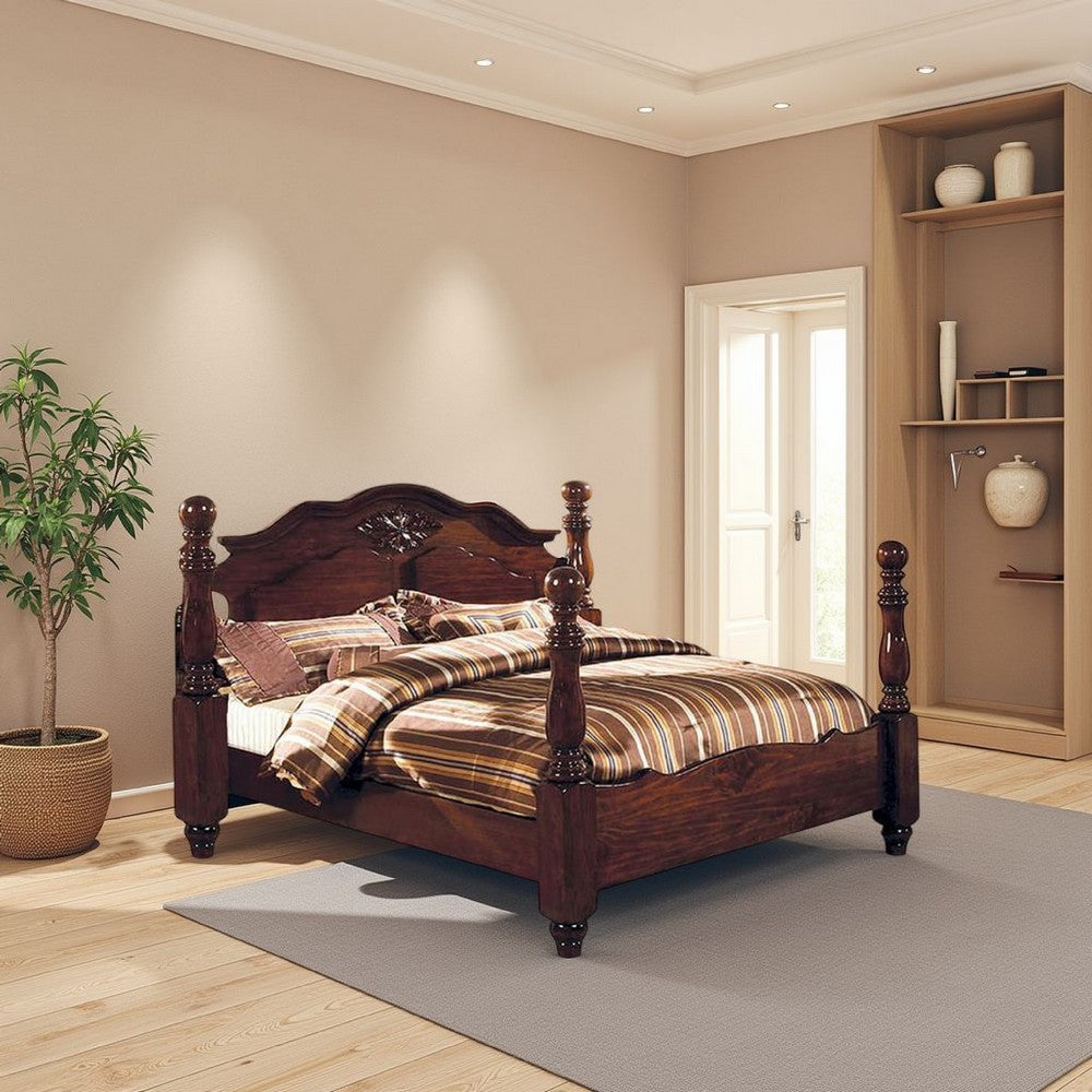 Wooden Queen Size Bed with Blunt Arrow Feet and Finials, Brown - BM209555