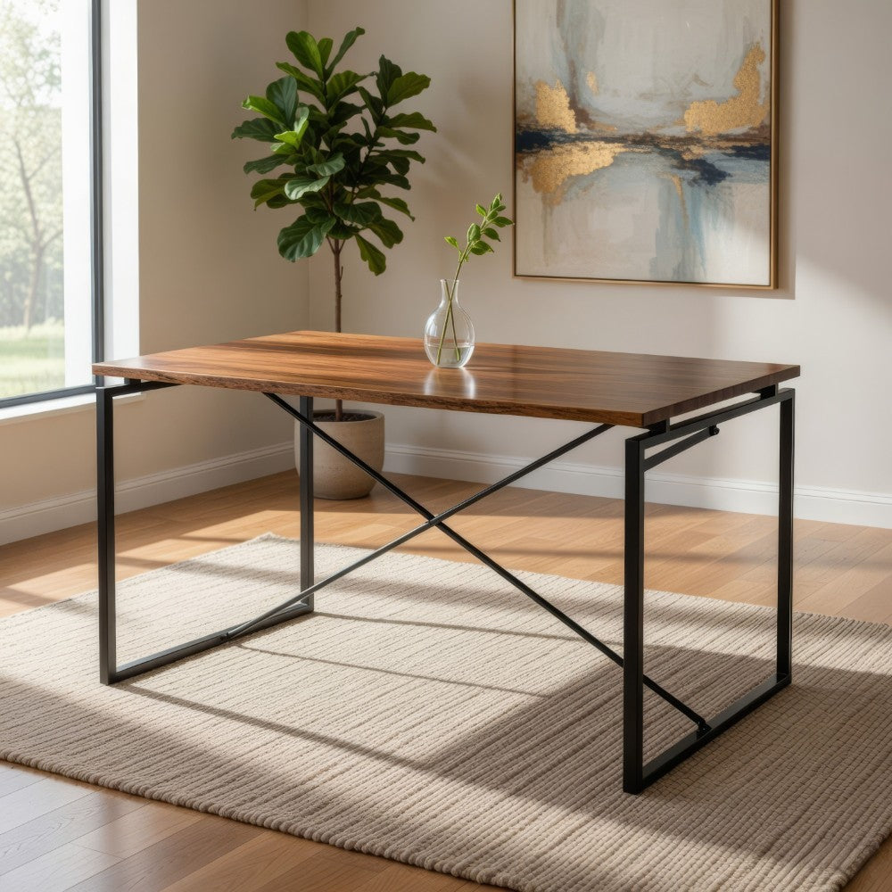 Rectangular Wooden Dining Table with X Shape Metal Base in Black and Brown - BM209583
