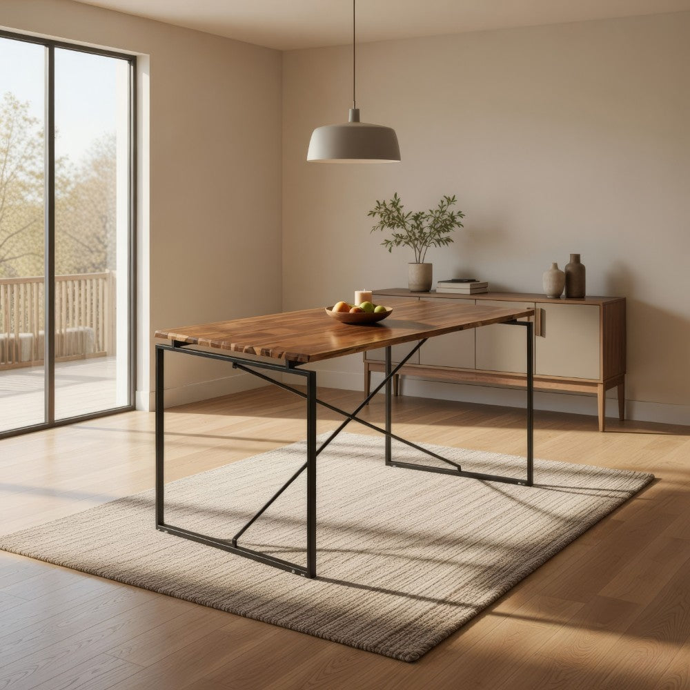 Rectangular Wooden Dining Table with X Shape Metal Base in Black and Brown - BM209583