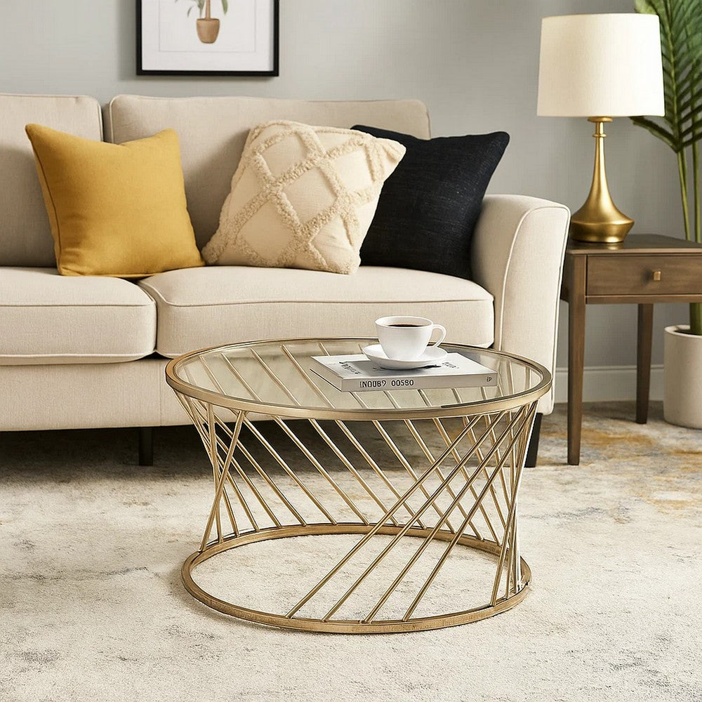 Contemporary Coffee Table with Twisted Metal Base and Round Glass Top, Gold - BM209585