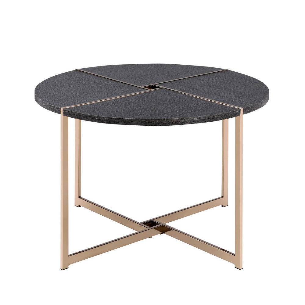 Coffee Table with X Shaped Metal Base and Round Wooden Top, Gold and Gray - BM209590