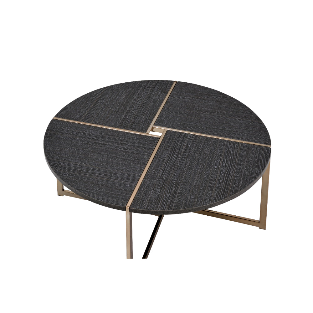 Coffee Table with X Shaped Metal Base and Round Wooden Top, Gold and Gray - BM209590