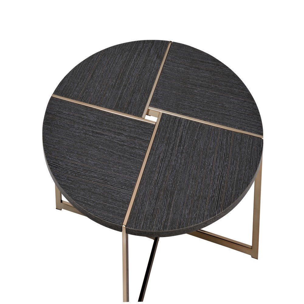Coffee Table with X Shaped Metal Base and Round Wooden Top, Gold and Gray - BM209590