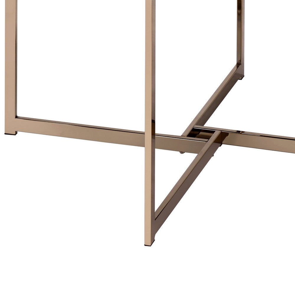 Coffee Table with X Shaped Metal Base and Round Wooden Top, Gold and Gray - BM209590