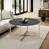 Coffee Table with X Shaped Metal Base and Round Wooden Top, Gold and Gray - BM209590