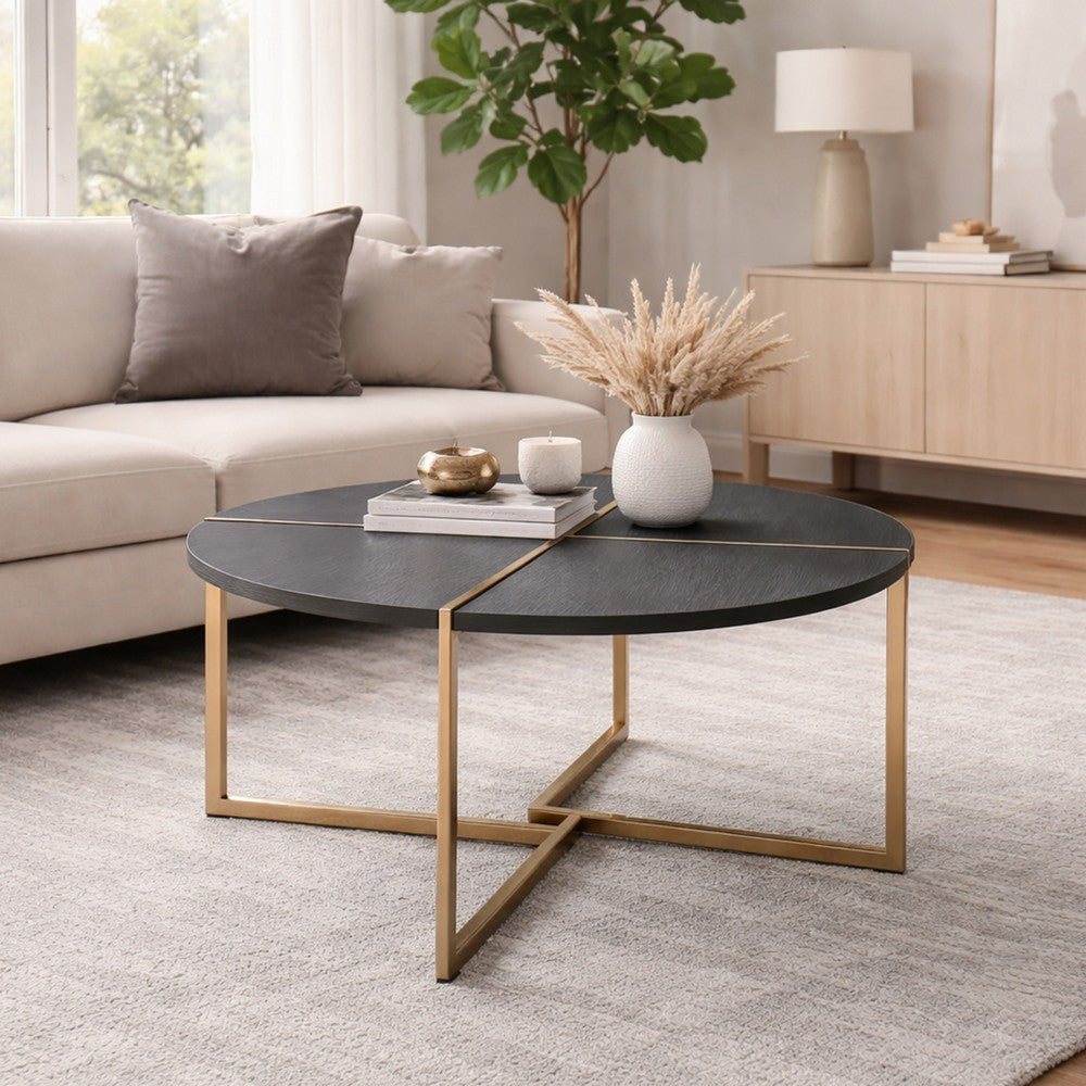 Coffee Table with X Shaped Metal Base and Round Wooden Top, Gold and Gray - BM209590