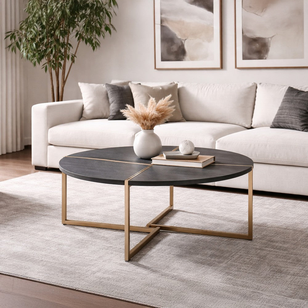Coffee Table with X Shaped Metal Base and Round Wooden Top, Gold and Gray - BM209590