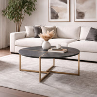 Coffee Table with X Shaped Metal Base and Round Wooden Top, Gold and Gray - BM209590