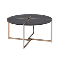 Coffee Table with X Shaped Metal Base and Round Wooden Top, Gold and Gray - BM209590