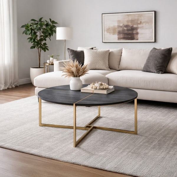 Coffee Table with X Shaped Metal Base and Round Wooden Top, Gold and Gray - BM209590