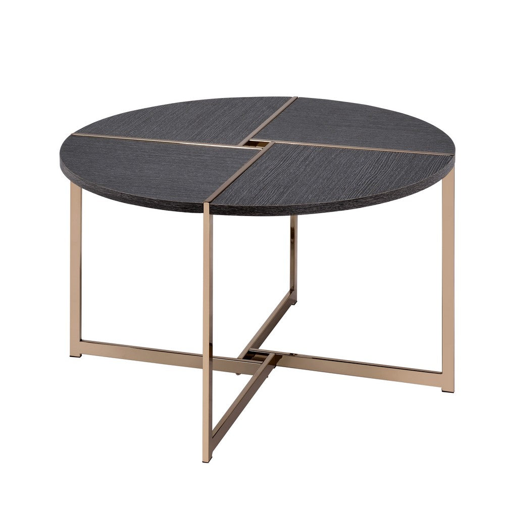 Coffee Table with X Shaped Metal Base and Round Wooden Top, Gold and Gray - BM209590
