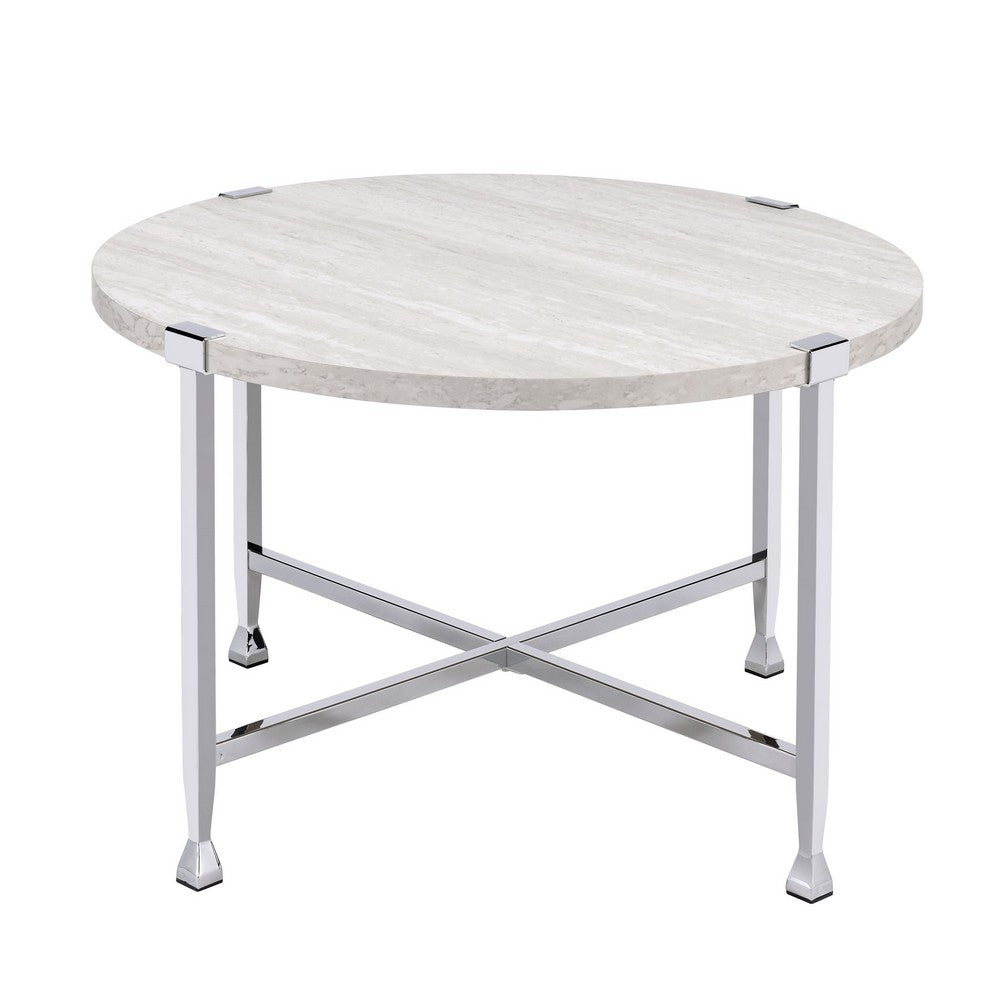 Coffee Table with X Shaped Metal Base and Round Wooden Top,Silver and Beige - BM209592