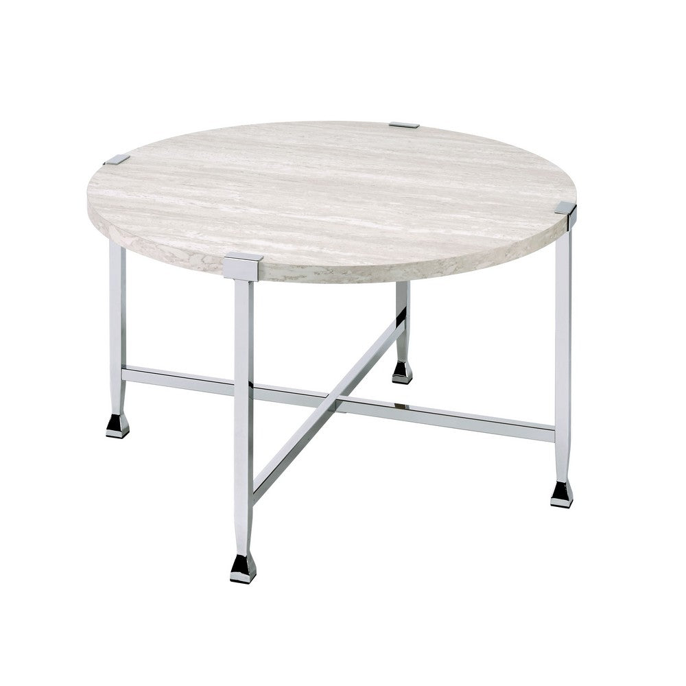Coffee Table with X Shaped Metal Base and Round Wooden Top,Silver and Beige - BM209592