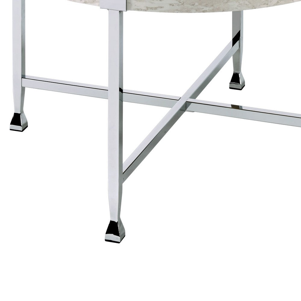 Coffee Table with X Shaped Metal Base and Round Wooden Top,Silver and Beige - BM209592