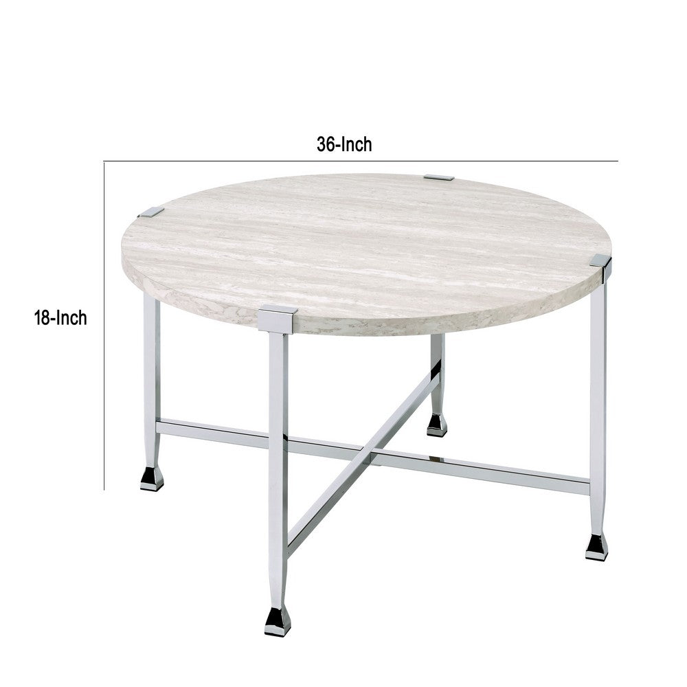 Coffee Table with X Shaped Metal Base and Round Wooden Top,Silver and Beige - BM209592