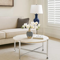 Coffee Table with X Shaped Metal Base and Round Wooden Top,Silver and Beige - BM209592