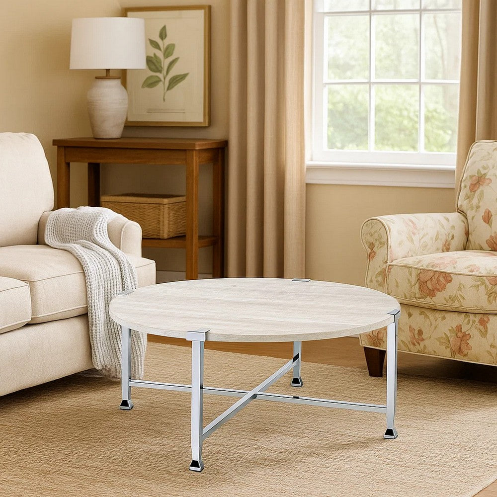 Coffee Table with X Shaped Metal Base and Round Wooden Top,Silver and Beige - BM209592