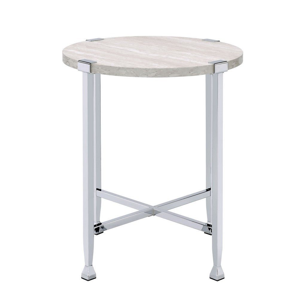 End Table with X Shaped Metal Base and Round Wooden Top,Silver and Beige - BM209593