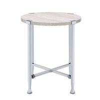 End Table with X Shaped Metal Base and Round Wooden Top,Silver and Beige - BM209593