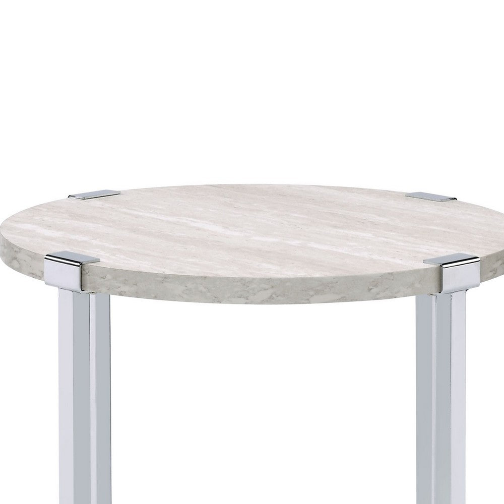 End Table with X Shaped Metal Base and Round Wooden Top,Silver and Beige - BM209593