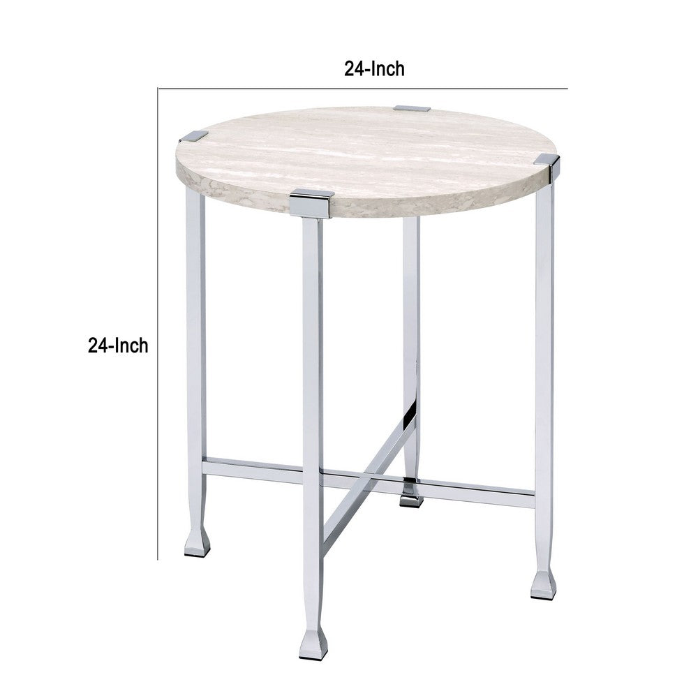 End Table with X Shaped Metal Base and Round Wooden Top,Silver and Beige - BM209593