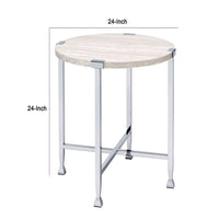 End Table with X Shaped Metal Base and Round Wooden Top,Silver and Beige - BM209593