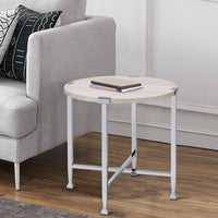 End Table with X Shaped Metal Base and Round Wooden Top,Silver and Beige - BM209593