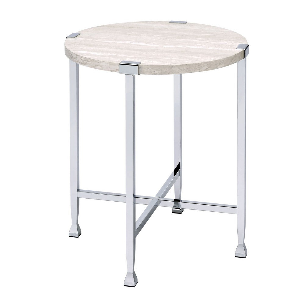 End Table with X Shaped Metal Base and Round Wooden Top,Silver and Beige - BM209593