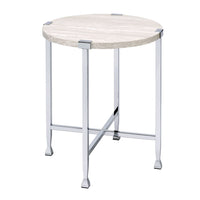 End Table with X Shaped Metal Base and Round Wooden Top,Silver and Beige - BM209593